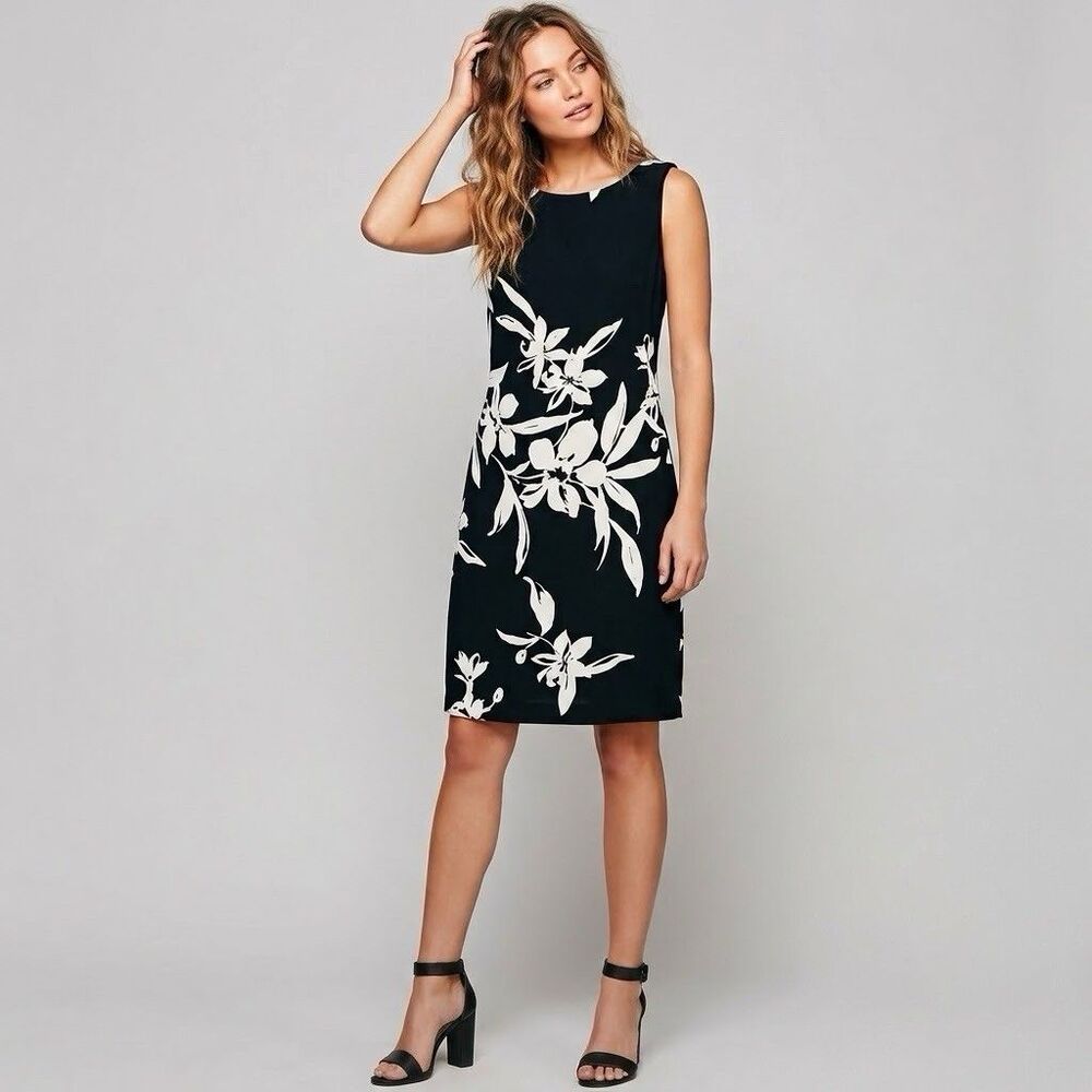 American Living Womens Dress Sz 10 Black White Floral Sheath Sleeveless Stretch